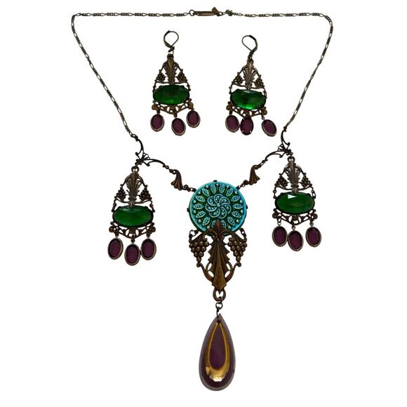 Sadie Green Art Nouveau Revival Bronze & Purple Green Glass Necklace Earring Set - Picture 2 of 9